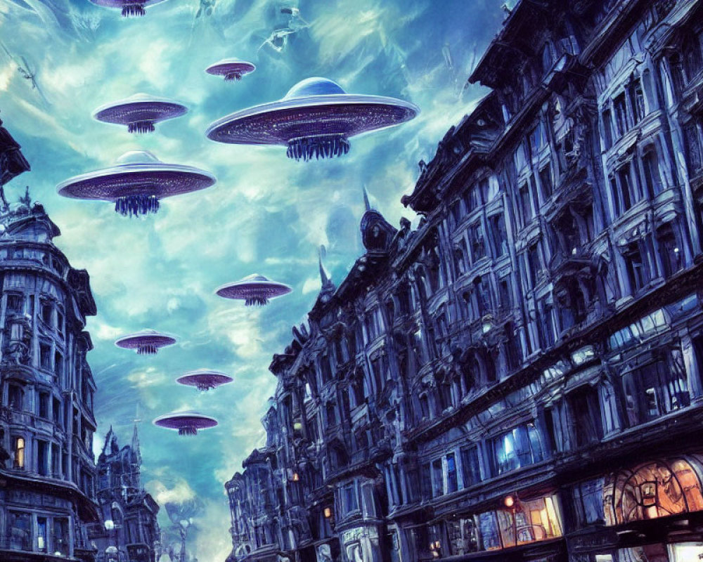 European-style cityscape with UFOs under twilight sky