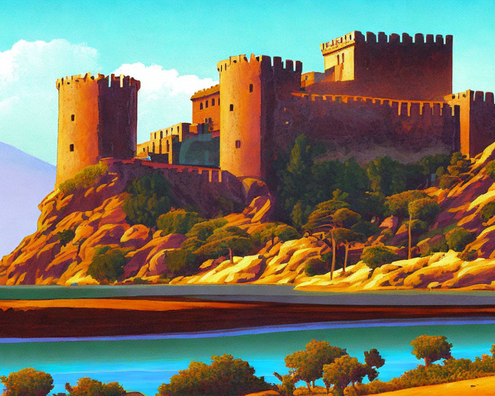 Vibrant medieval castle on hill by calm river
