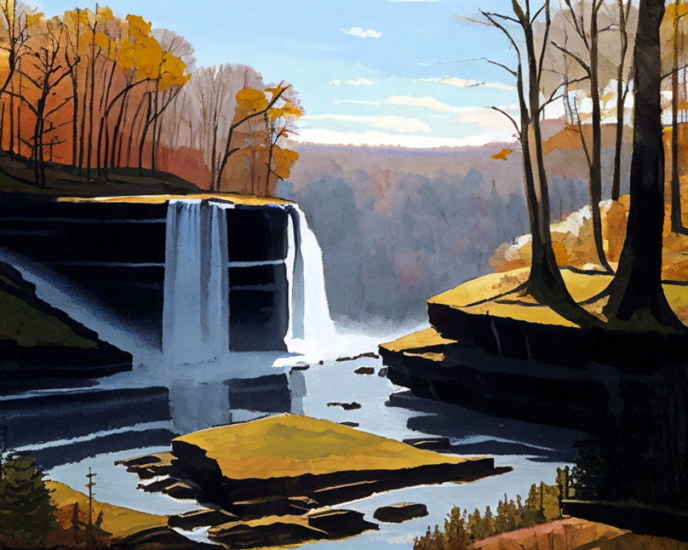Tranquil painting of autumn waterfall and river landscape