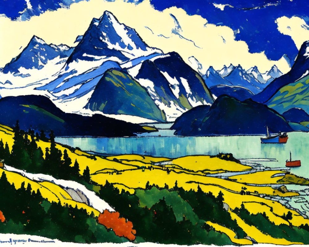 Colorful landscape painting with snow-capped mountains, blue lake, green hills, yellow fields, and
