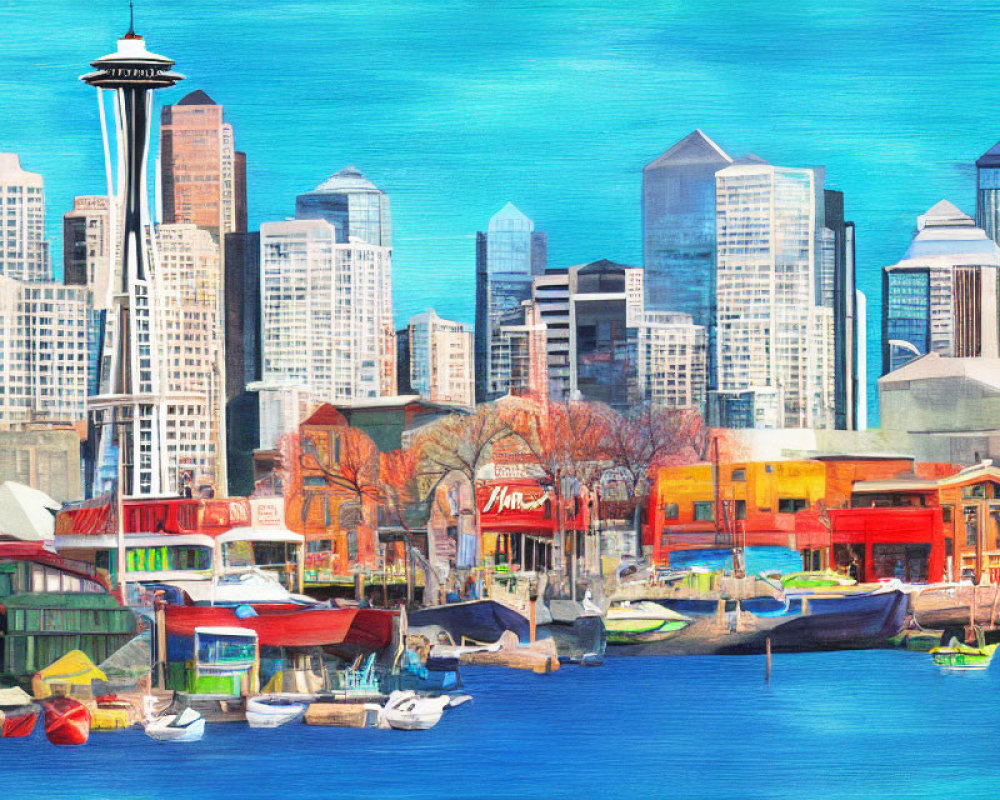 Vibrant cityscape artwork with boats and skyscrapers against blue sky
