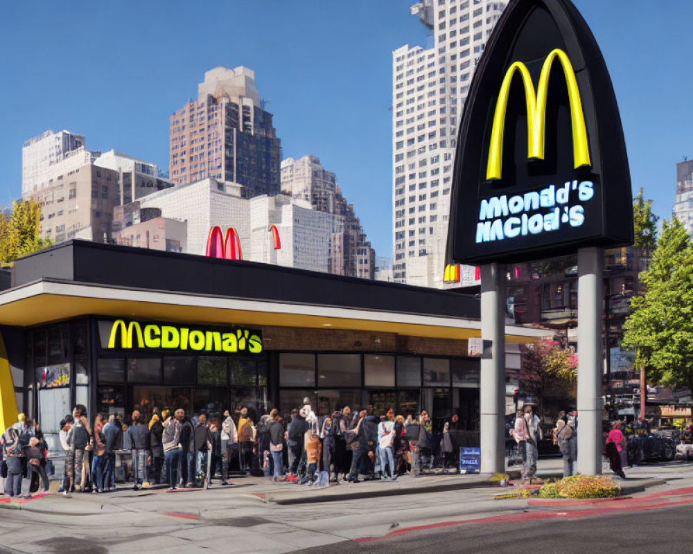 Urban McDonald's with crowded outdoor seating and skyscrapers backdrop