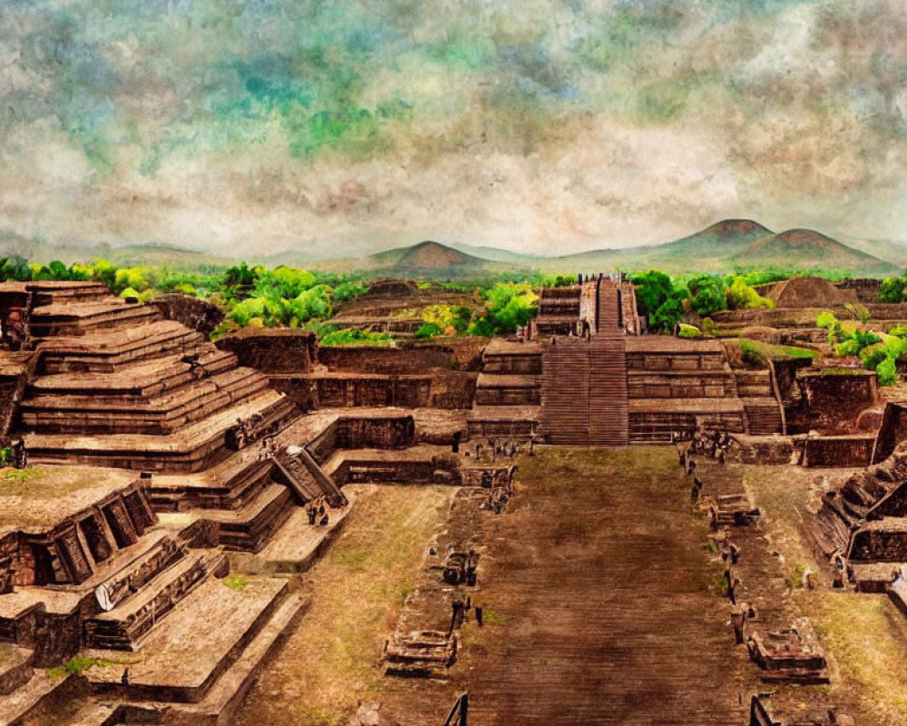 Ancient Mesoamerican Pyramids and Stepped Structures with Visitors Ascending under Dramatic Cloudy