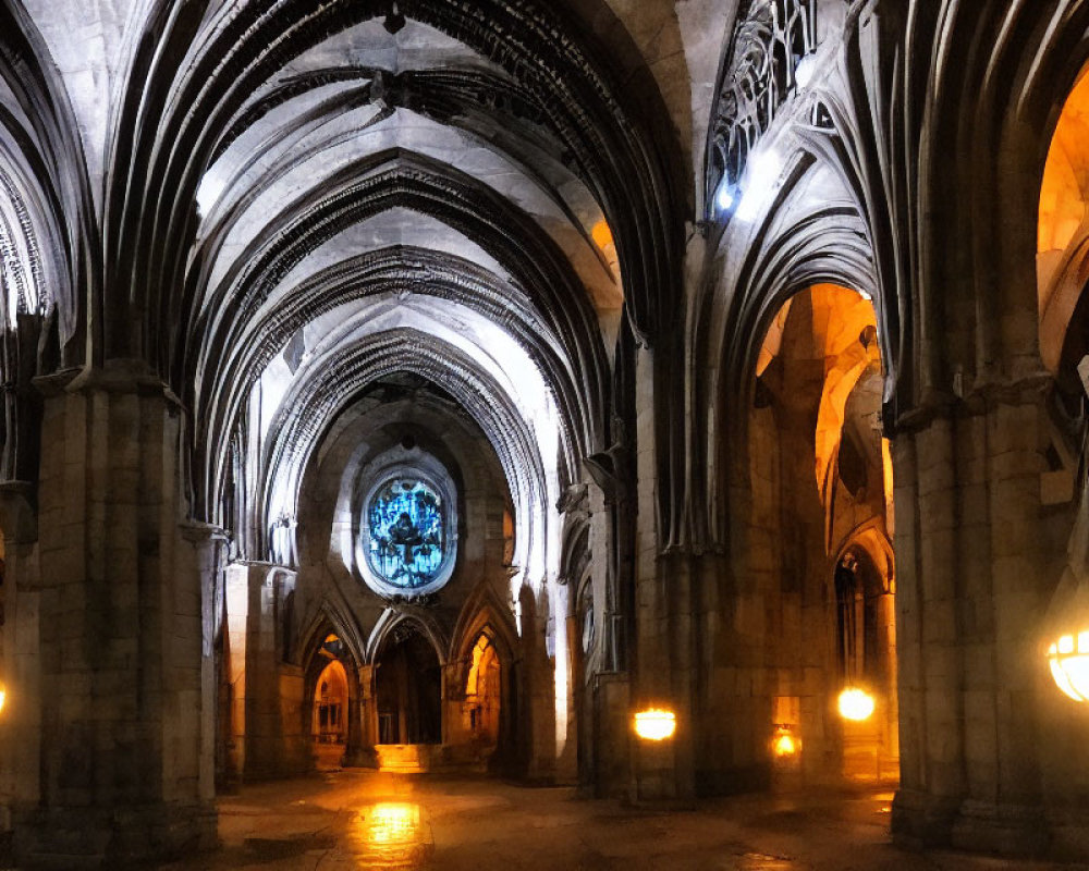 Gothic Cathedral Interior with Arched Ceilings and Stained Glass Window
