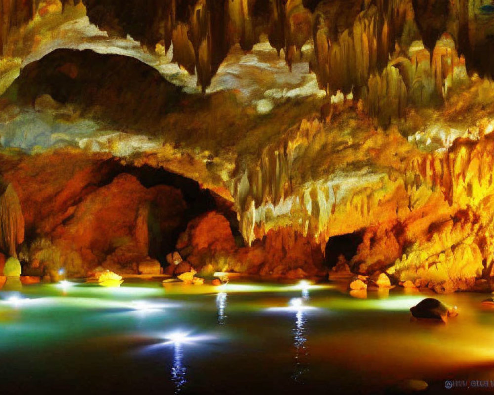 Illuminated underground cave with stalactites, stalagmites, and reflective pool.