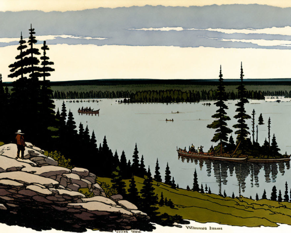 Detailed vintage-style illustration of person on rocky outcrop with canoes on tranquil lake, dense forests,