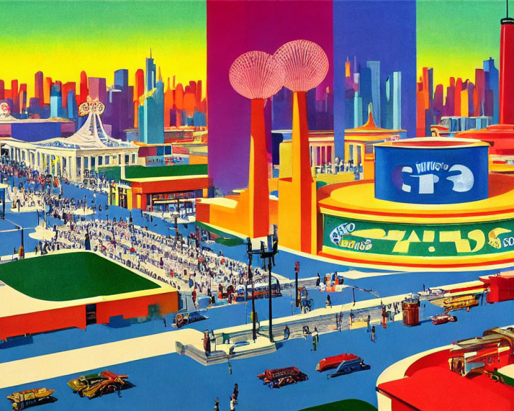 Vibrant city fairground with skyline, pavilions, and vintage cars