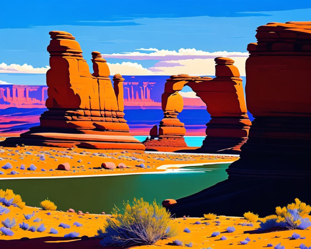 Colorful desert landscape with red rock formations and arches, blue sky, water, and vegetation