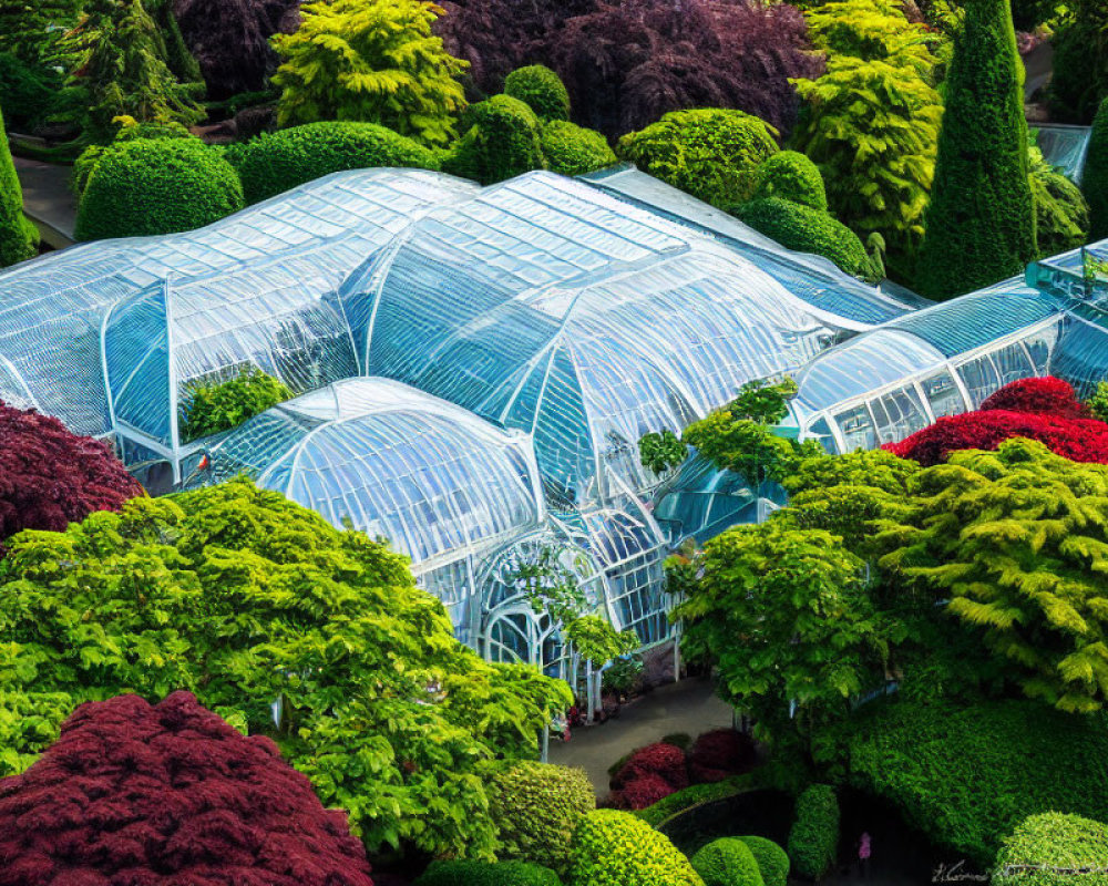 Large Glass Greenhouse in Lush Garden with Manicured Trees