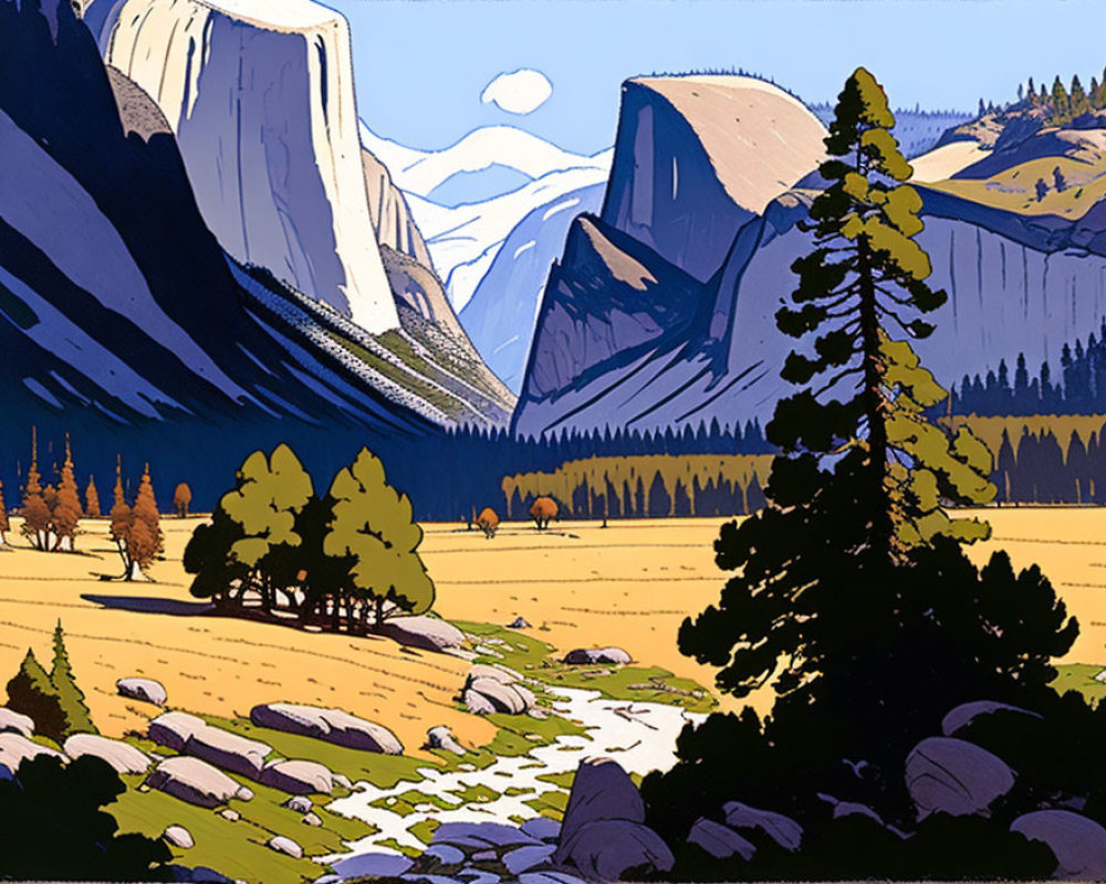 Illustration of Valley with Cliffs, River, Pine Trees, and Clear Sky