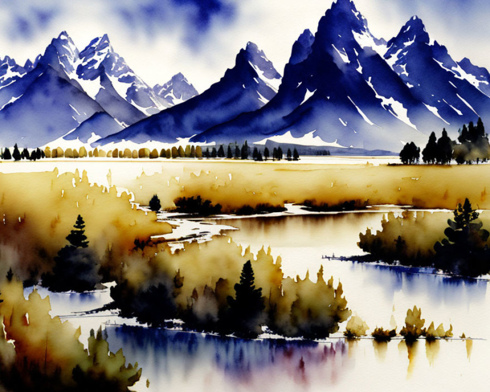 Serene landscape watercolor painting with mountains, river, and trees