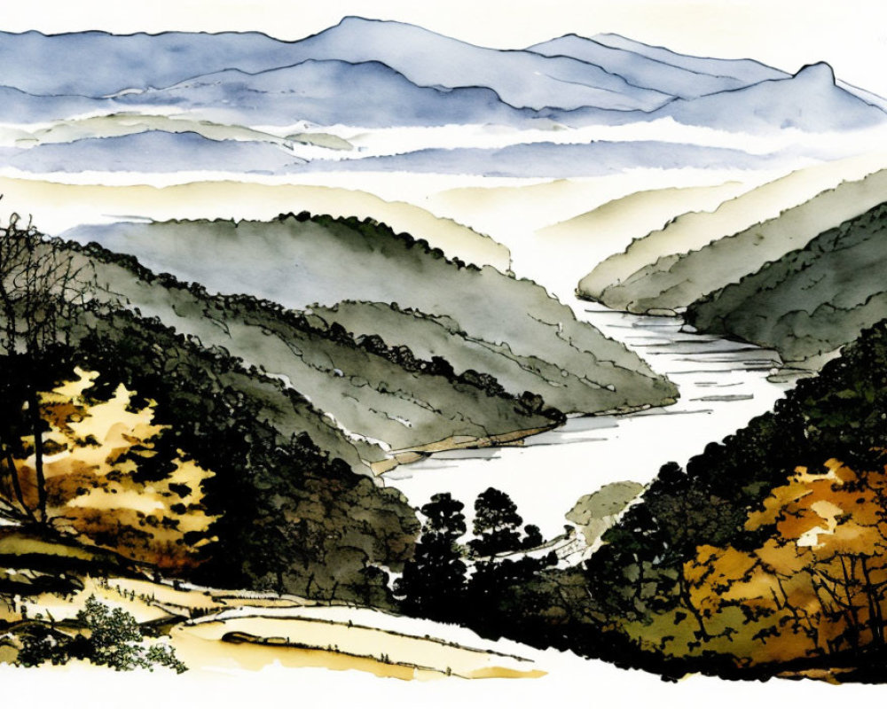 Layered Mountain Ridges with Meandering River in Ink and Wash Painting