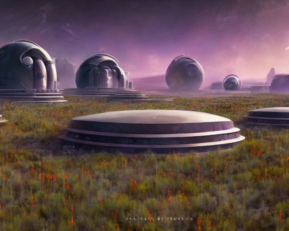 Futuristic domed structures in purple alien landscape with orange flora.