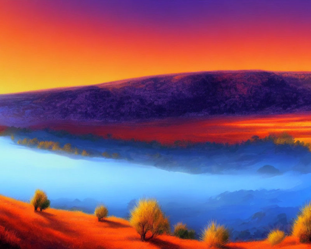 Colorful sunset landscape painting with orange, purple skies, dark hill silhouette, misty blue valley,