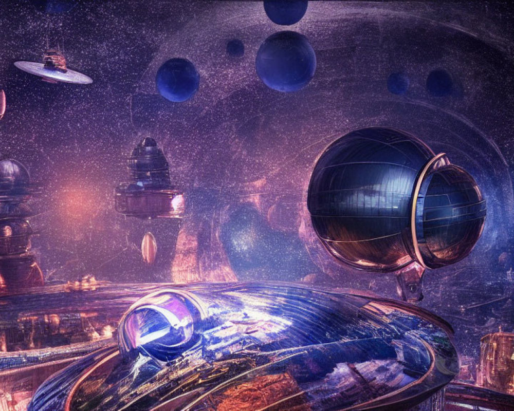 Futuristic cosmic scene with starship and futuristic structures