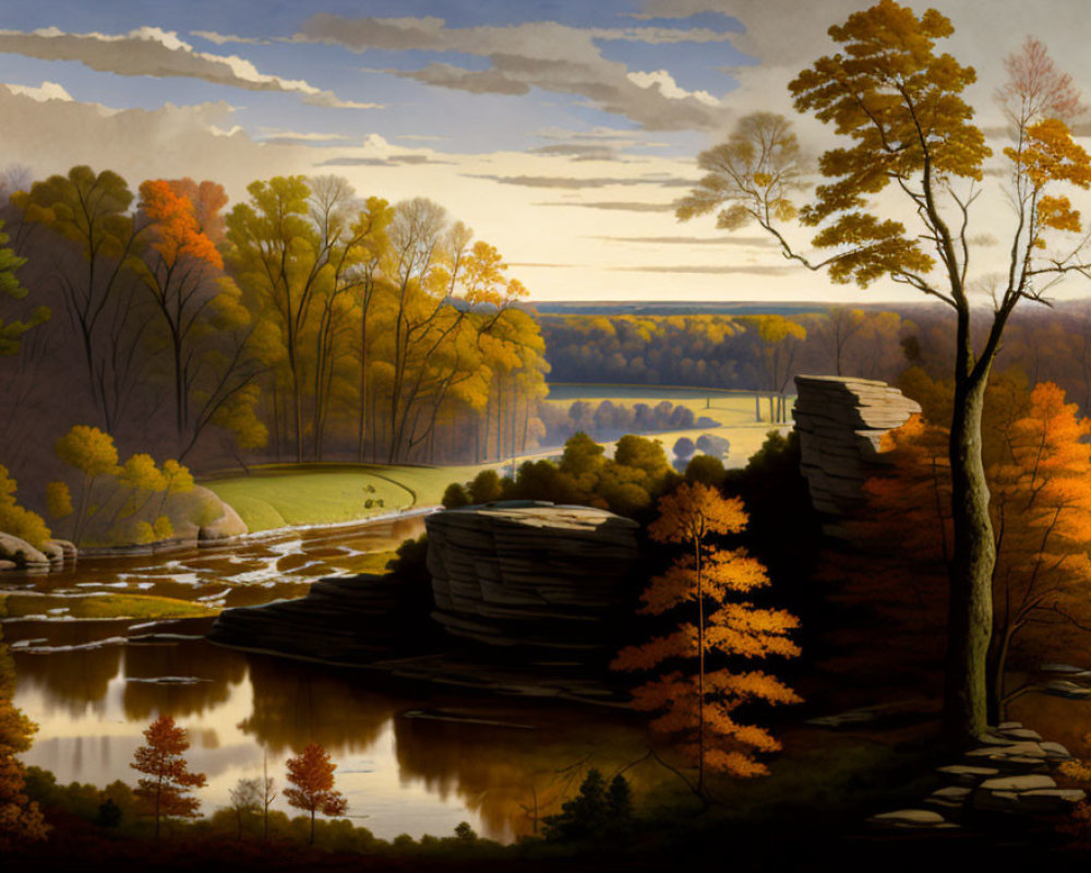 Scenic Autumn Landscape with River, Rocks, and Trees