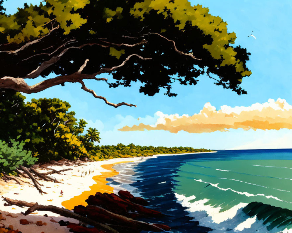 Tranquil beach landscape with lush trees and clear skies