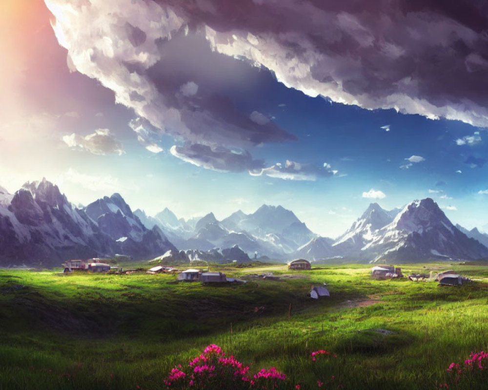 Snowy mountains, houses, pink flowers in serene landscape