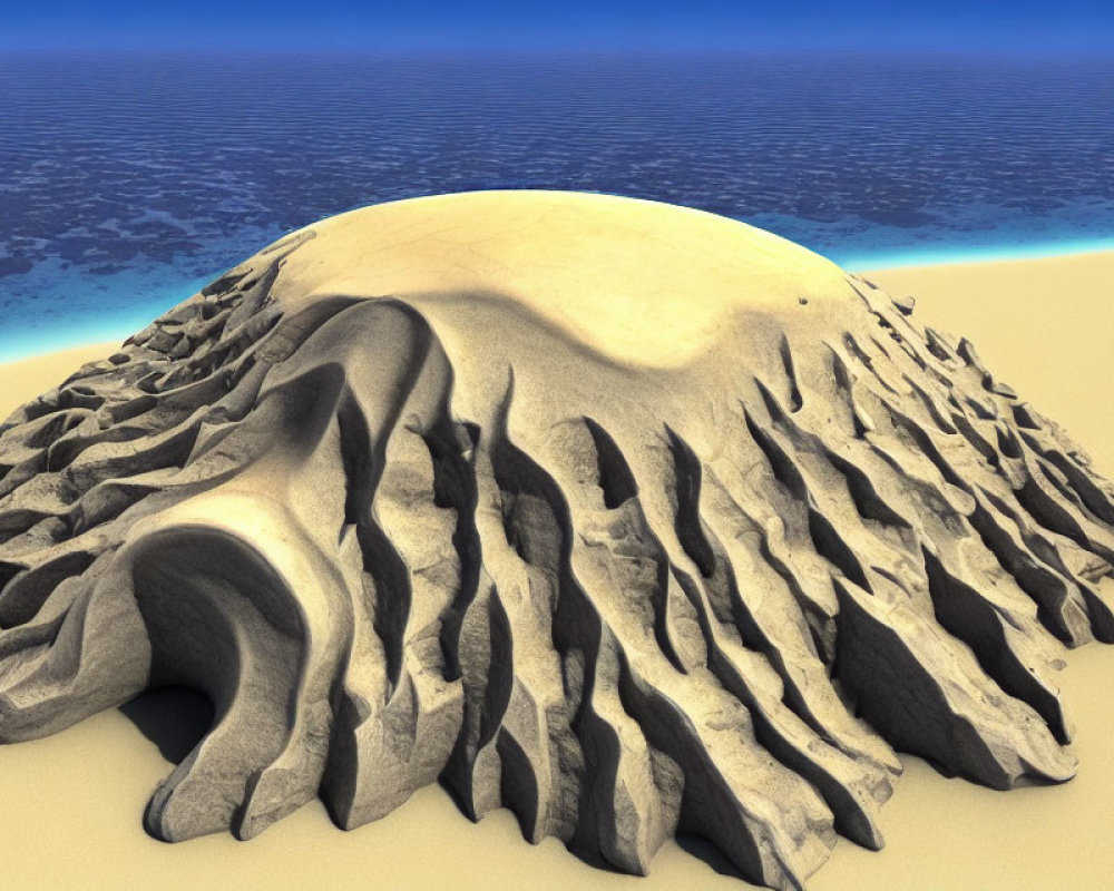 Surreal dome-like structure with rib-like extensions on sandy beach