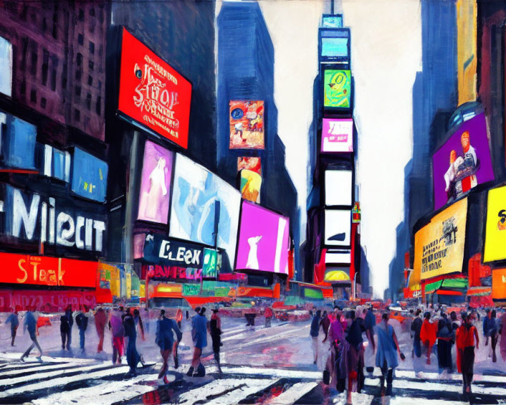 Vibrant Times Square Painting with Billboards and Pedestrians