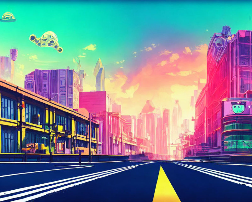 Colorful futuristic cityscape with sleek buildings and flying vehicles