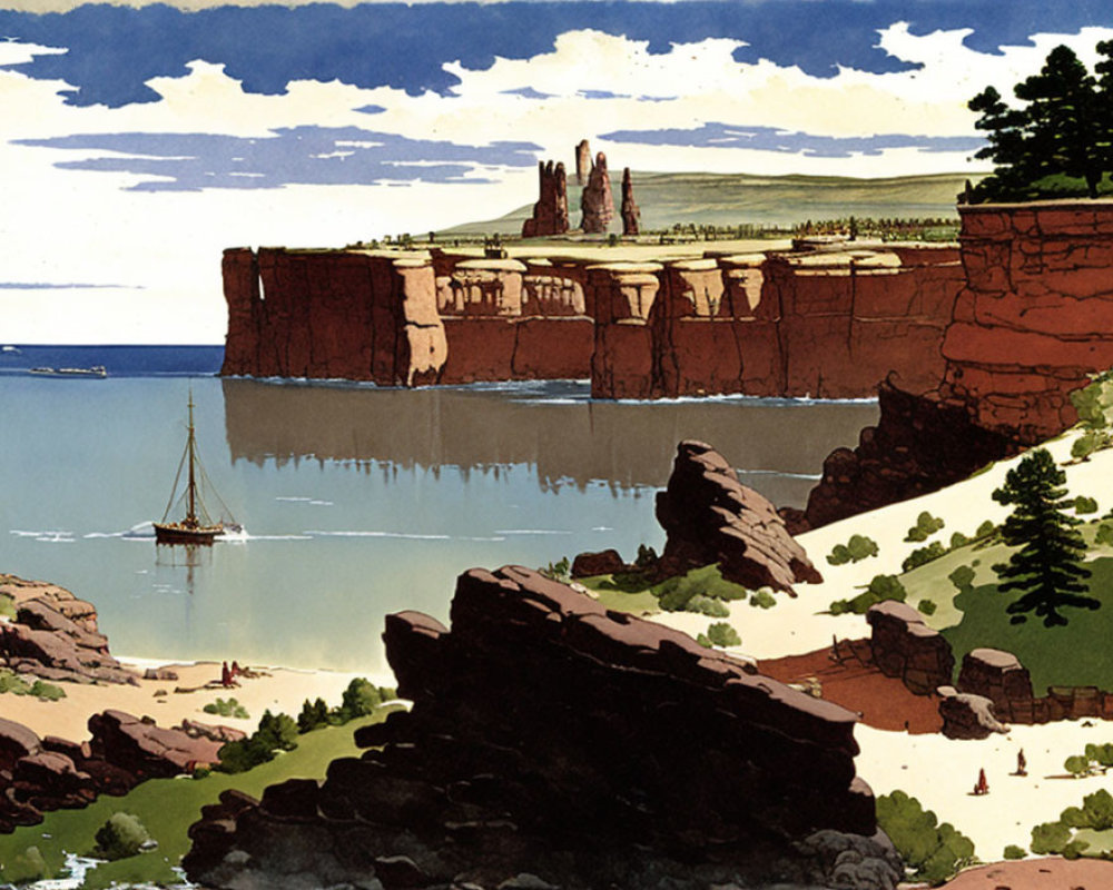 Stylized coastal scene with red cliff, sailing ship, rocky shores