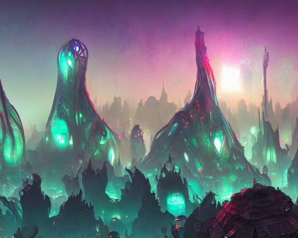 Alien cityscape with towering structures and bioluminescent accents
