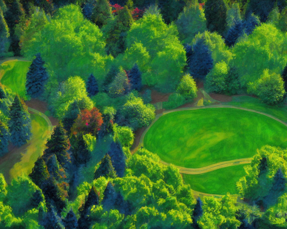 Lush golf course with vibrant green fairway and diverse trees from aerial view