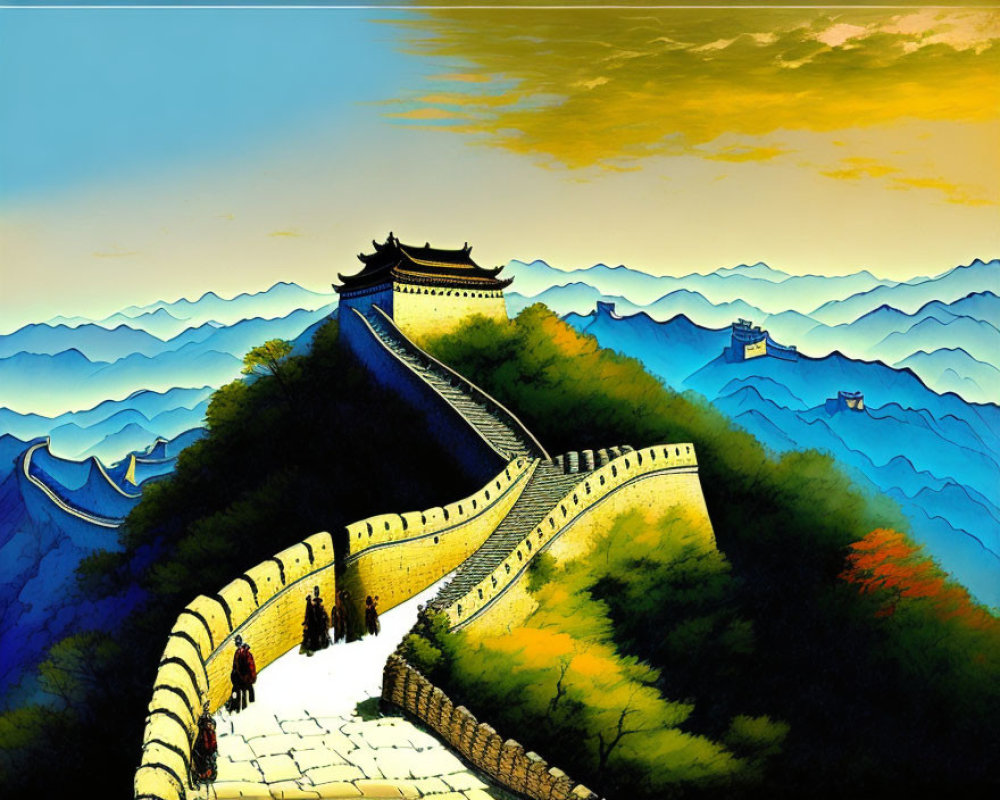Illustration of Great Wall of China at sunset with figures walking.