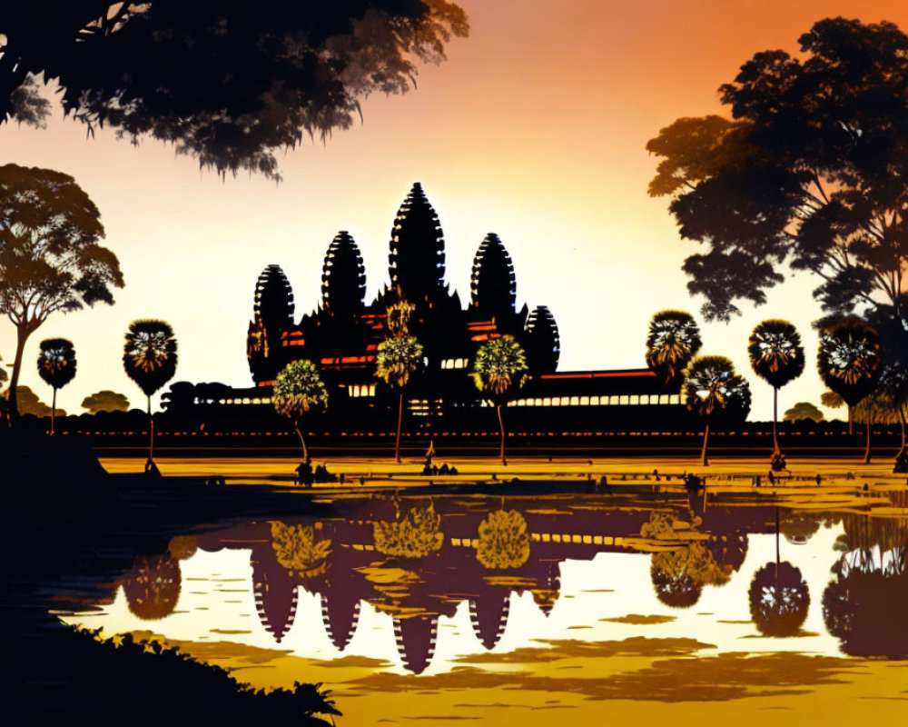 Silhouette of Angkor Wat Temple at Warm Sunset
