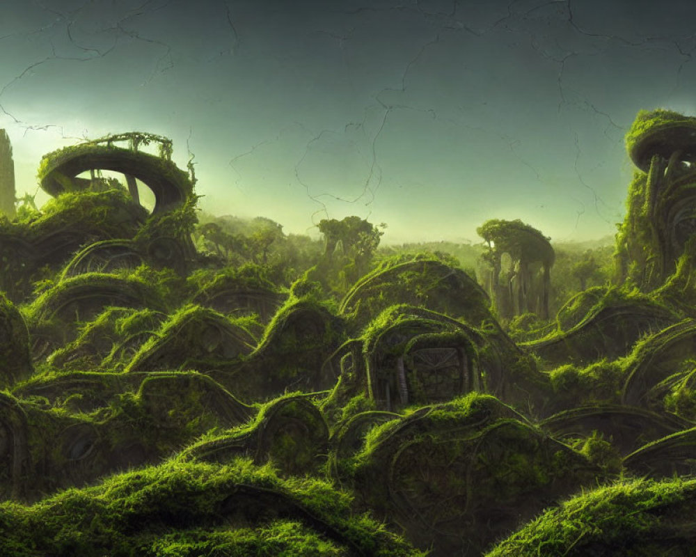 Moss-covered ruins in lush, otherworldly landscape