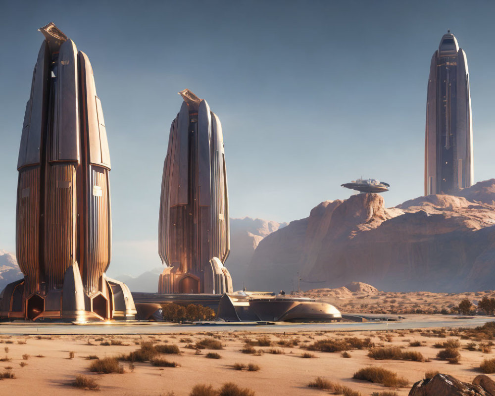 Sleek futuristic cityscape in desert with flying vehicle