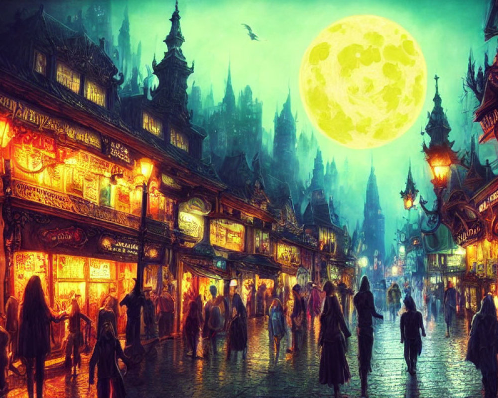 Night Market under Full Moon with Glowing Stalls & Traditional Architecture