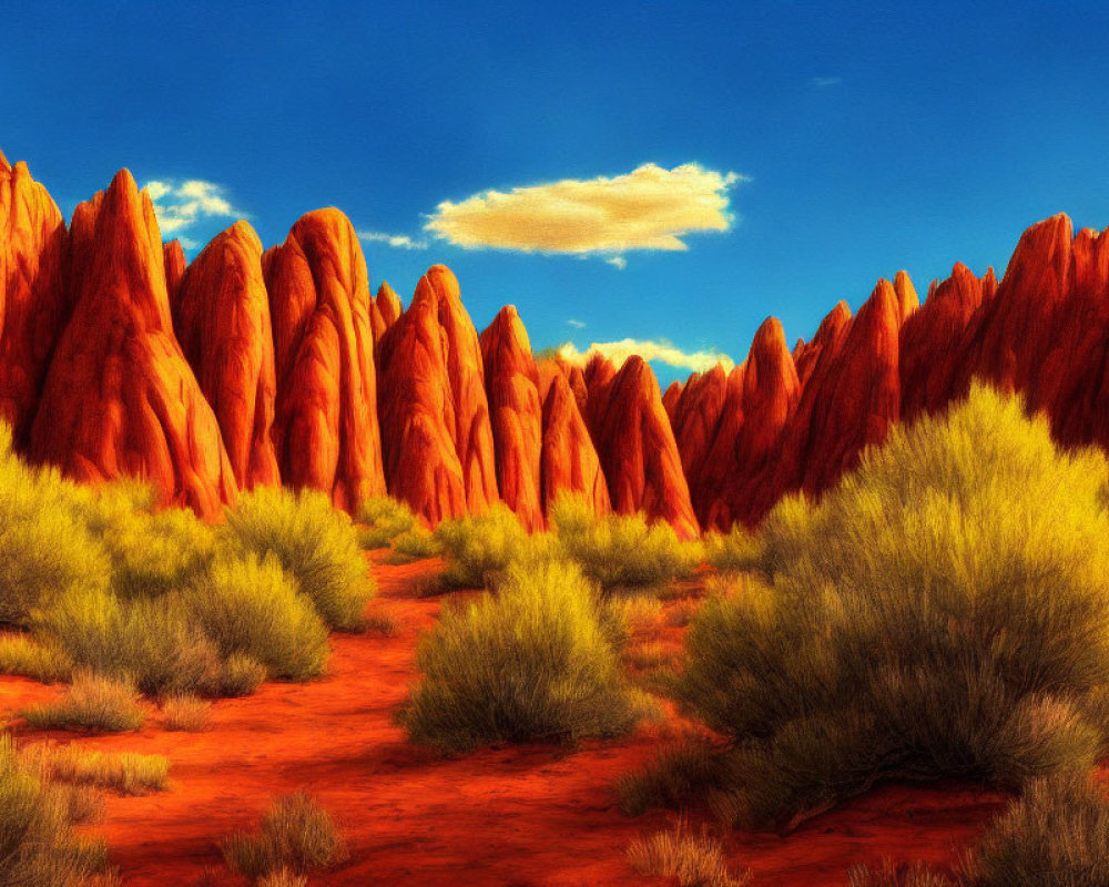 Fiery red rock formations in vibrant desert landscape