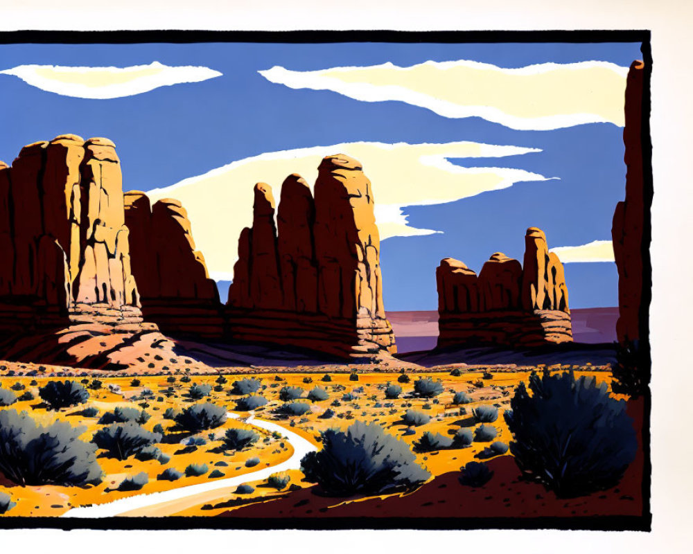 Colorful desert landscape with towering rock formations under a blue sky.