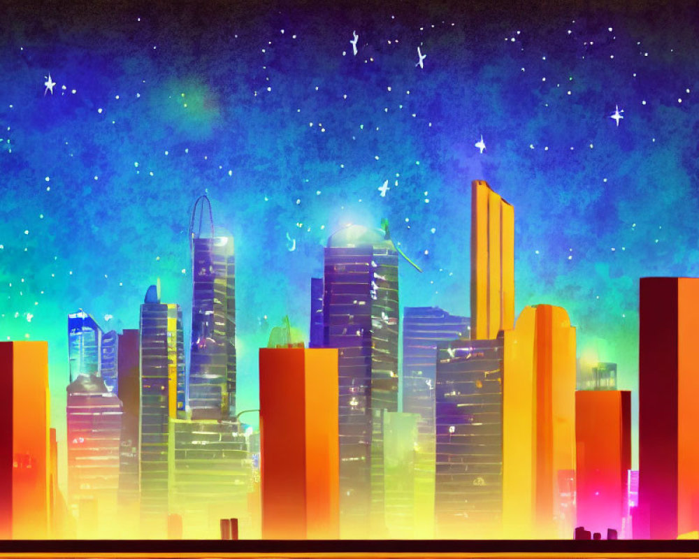 Vibrant cityscape illustration: night scene with skyscrapers and starry sky