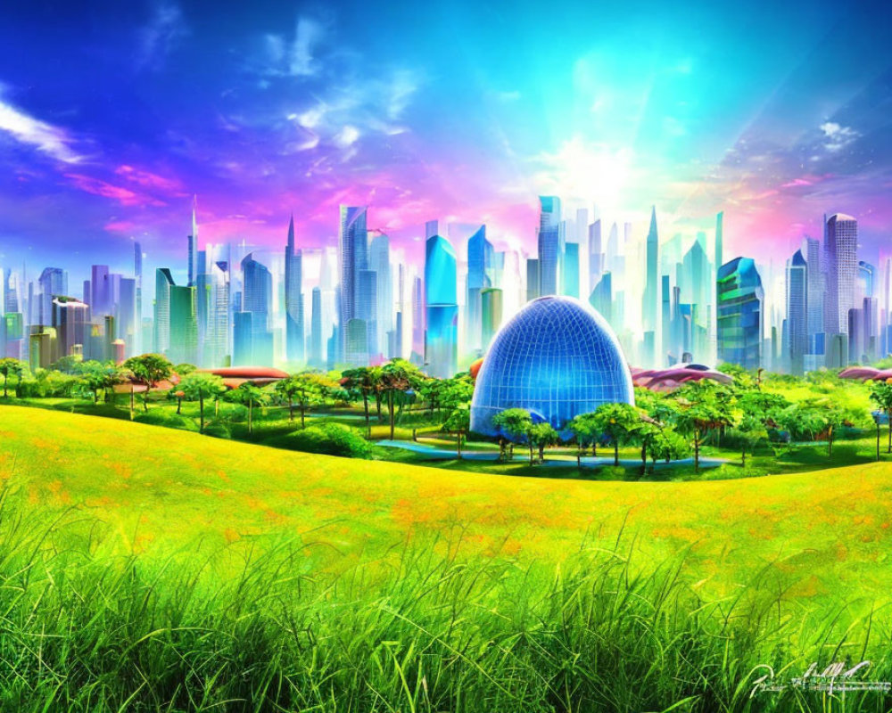 Futuristic cityscape with skyscrapers, greenery, and blue dome under clear sky