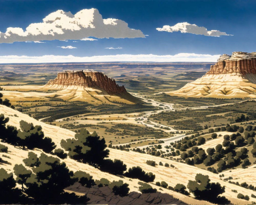 Majestic mesa formations and scenic road in lush landscape