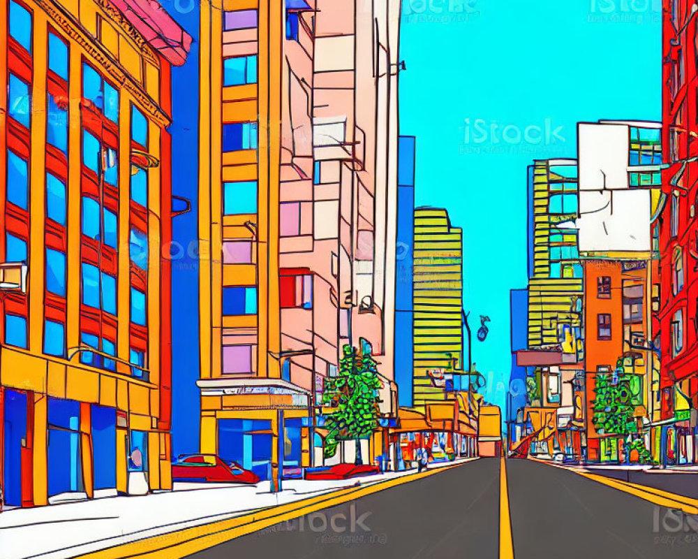 Vibrant urban street scene with colorful stylized buildings