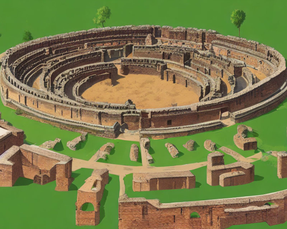 Ancient Roman amphitheater with tiered seating and surrounding ruins.