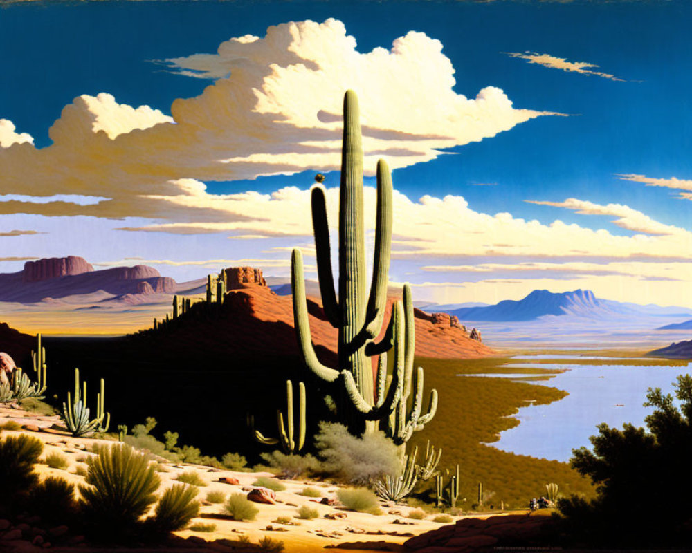 Desert landscape painting with saguaro cacti, river, mountains