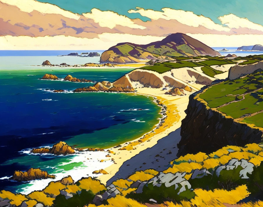 Coastal landscape with blue sea, rocky shores, wildflowers, fields, and distant hills