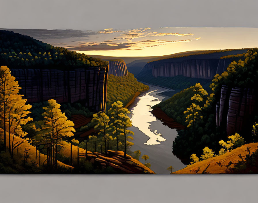 Scenic digital artwork of tranquil river valley landscape