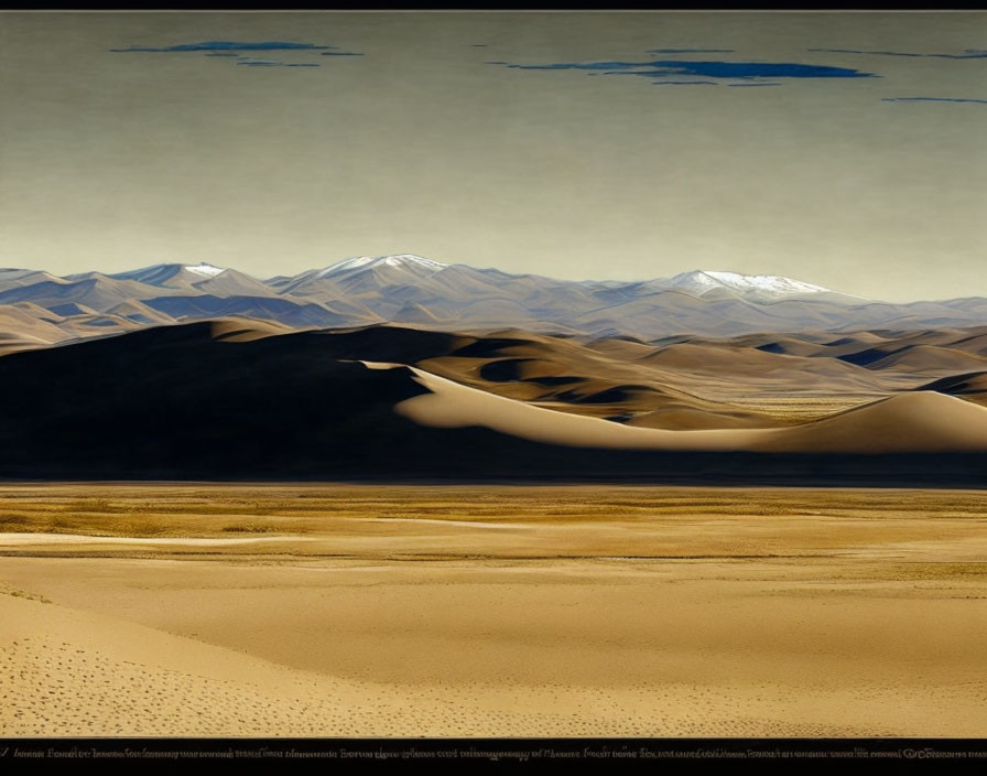 Scenic desert landscape with sand dunes, snowy mountains, and cloudy sky