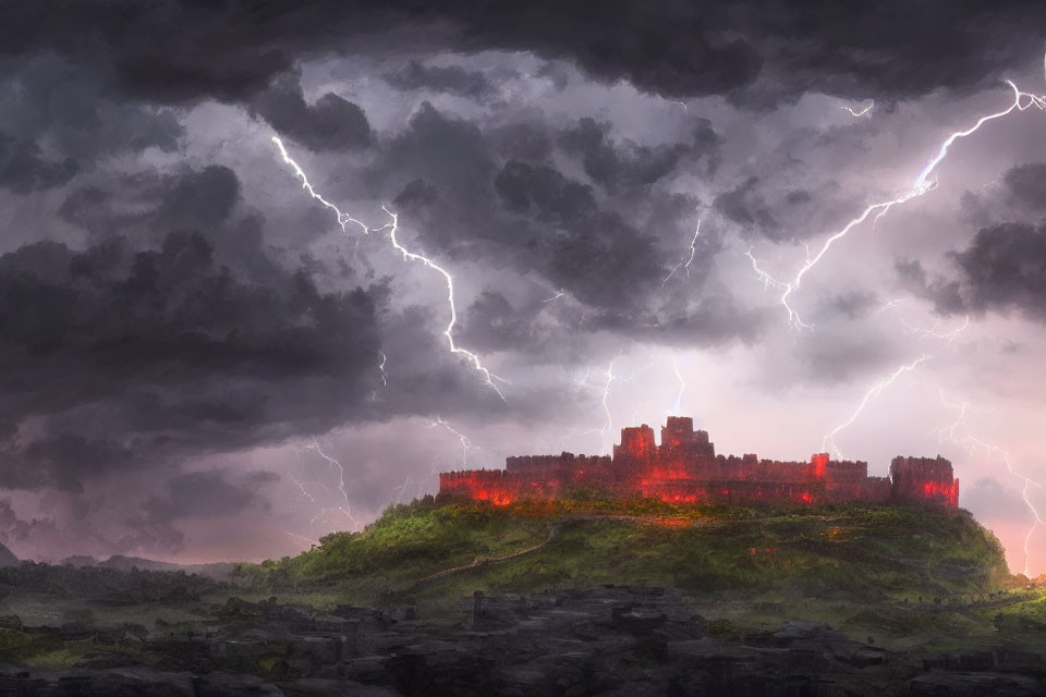 Majestic castle on hill with red lighting, stormy sky & lightning bolts