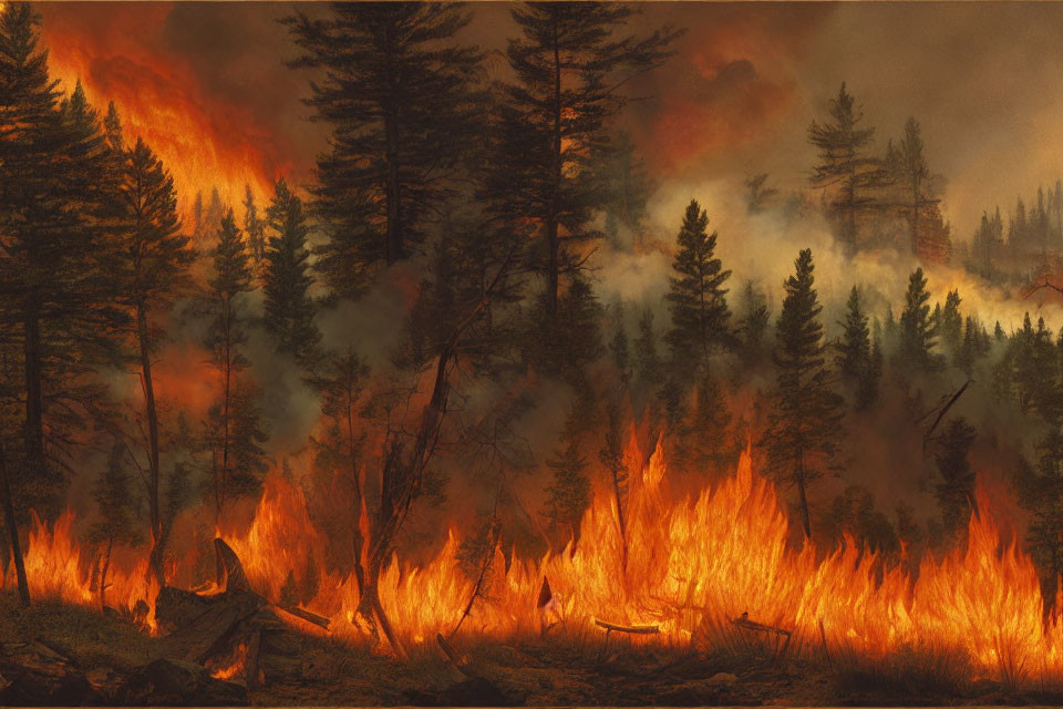 Intense forest fire engulfing trees under dark sky