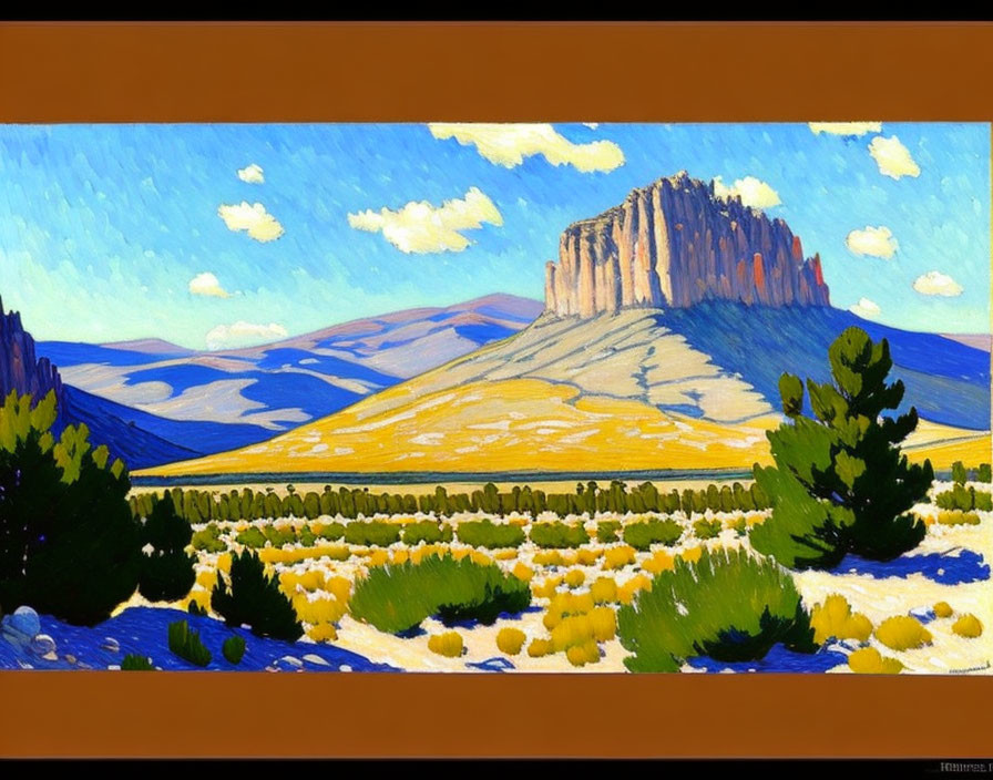 Colorful landscape painting with flat-topped mountain, yellow flowers, and blue sky
