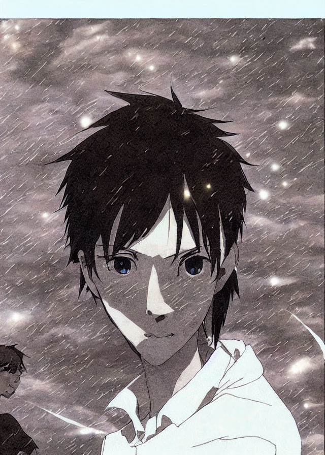 Young anime character with dark hair and white top in snowy setting