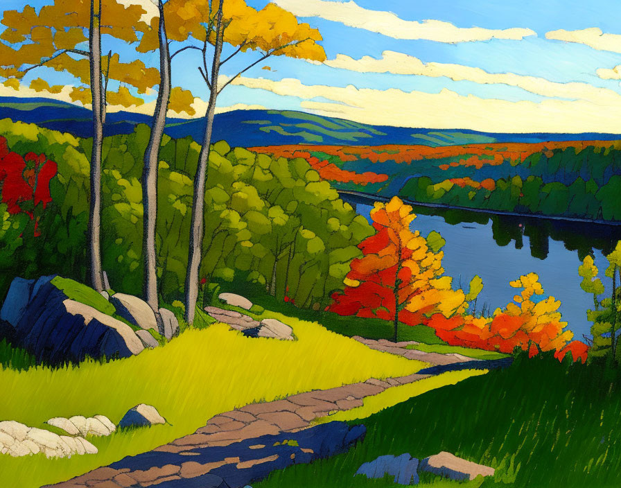 Colorful Fall Landscape Painting with River, Rocks, and Blue Sky