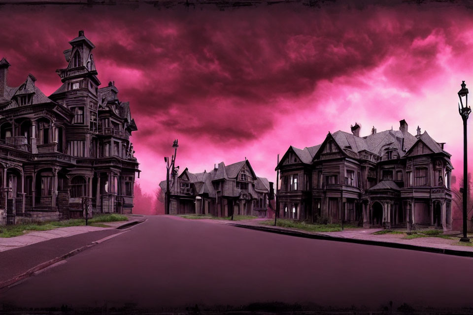 Victorian-style houses on a street under a dramatic purple sky with a streetlamp.